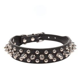 Spiked Studded Leather Dog Collar Rivets Pet Small Large Cat Pit Bull Adjustable (Color: Black, size: M)