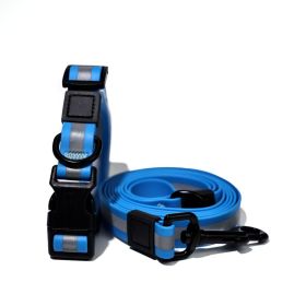 Reflective PVC Dog Leash & Collar Set | Waterproof Heavy Duty Safety Lead (Color: Blue, size: M)