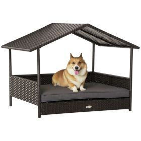 Wicker Dog House Outdoor with Canopy, Rattan Dog Bed with Water-resistant Cushion, Raised Pet Bed for Small, Medium Breeds up to 66 lbs, 20" in (Option: Grey-830x175x690 mm)